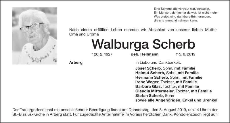  Traueranzeige für Walburga Scherb vom 07.08.2019 aus Altmühl-Bote Lokal