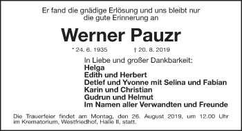 Traueranzeige von Werner Pauzr von Gesamtausgabe Nürnberger Nachrichten/ Nürnberger Ztg.