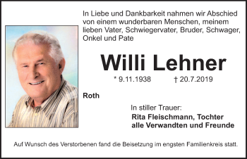 Traueranzeige von Willi Lehner von Roth-Hilpoltsteiner Volkszeitung Lokal