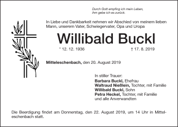 Traueranzeige von Willibald Buckl von Altmühl-Bote Lokal