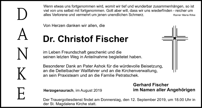  Traueranzeige für Christof Fischer vom 07.09.2019 aus Nordbayerische Nachrichten Herzogenaurach Lokal