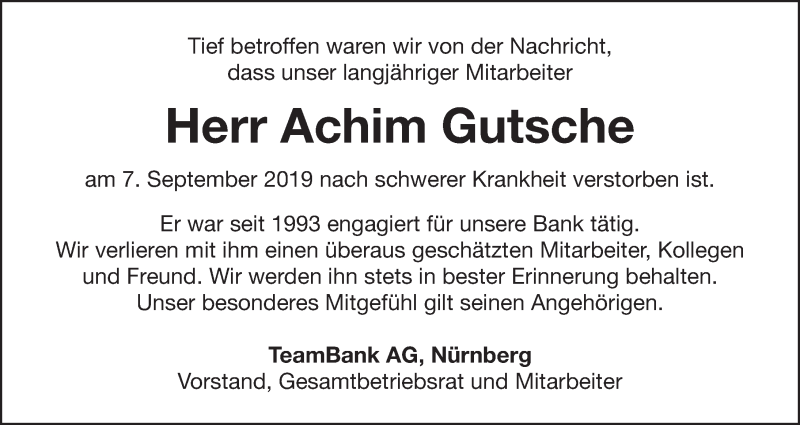  Traueranzeige für Achim Gutsche vom 11.09.2019 aus Gesamtausgabe Nürnberger Nachrichten/ Nürnberger Ztg.