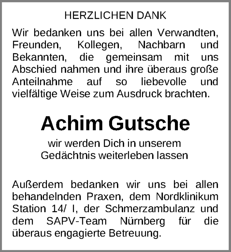  Traueranzeige für Achim Gutsche vom 18.09.2019 aus Gesamtausgabe Nürnberger Nachrichten/ Nürnberger Ztg.