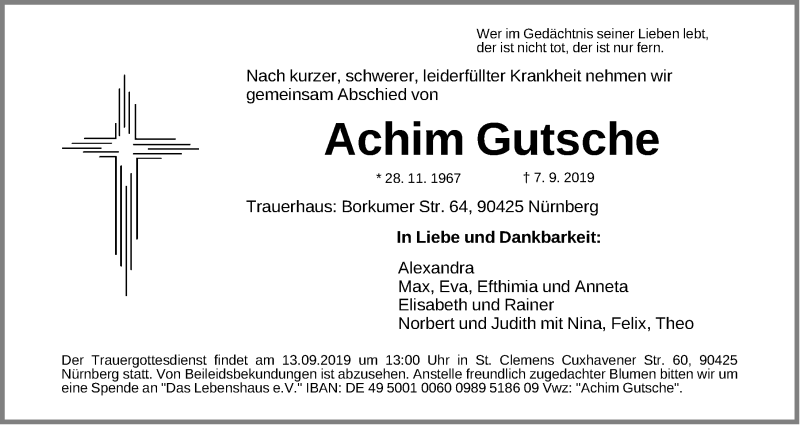  Traueranzeige für Achim Gutsche vom 11.09.2019 aus Gesamtausgabe Nürnberger Nachrichten/ Nürnberger Ztg.