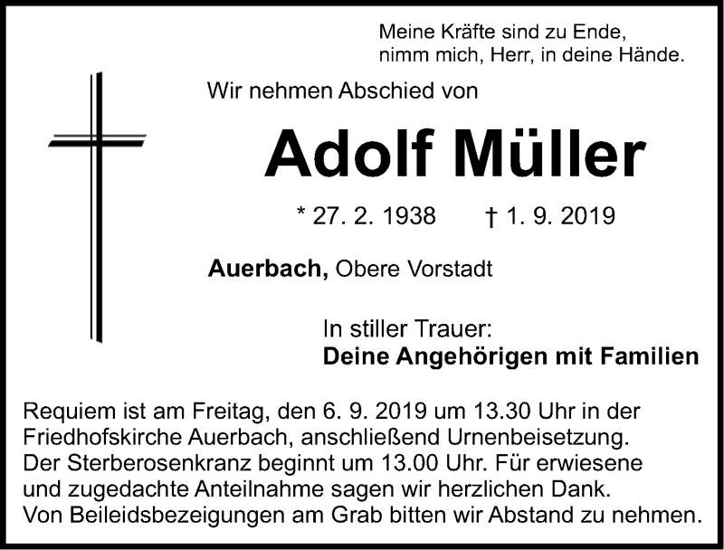  Traueranzeige für Adolf Müller vom 03.09.2019 aus Nordbayerische Nachrichten Pegnitz Lokal