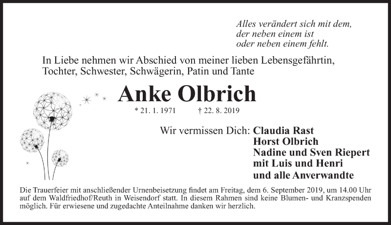  Traueranzeige für Anke Olbrich vom 02.09.2019 aus Nordbayerische Nachrichten Herzogenaurach Lokal