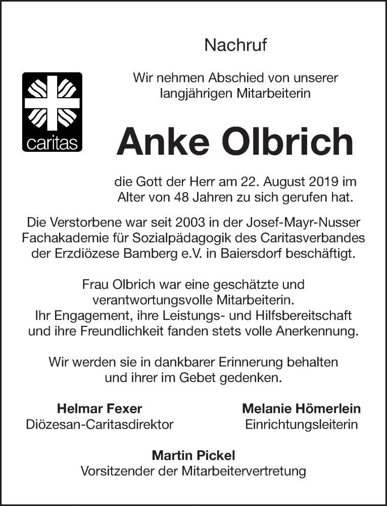  Traueranzeige für Anke Olbrich vom 05.09.2019 aus Nordbayerische Nachrichten Herzogenaurach Lokal