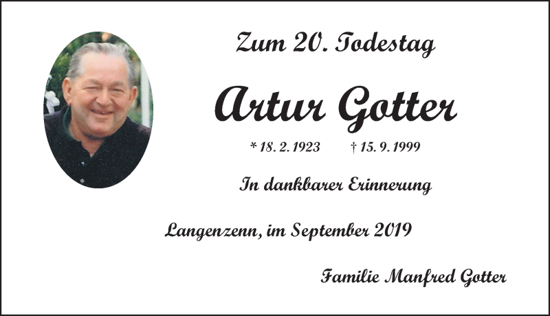  Traueranzeige für Artur Gotter vom 14.09.2019 aus Fürther Nachrichten Lokal