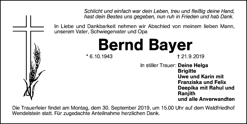  Traueranzeige für Bernd Bayer vom 27.09.2019 aus Schwabach