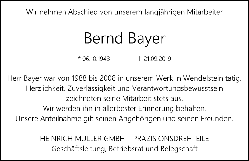  Traueranzeige für Bernd Bayer vom 28.09.2019 aus Schwabach
