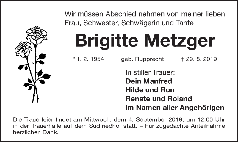  Traueranzeige für Brigitte Metzger vom 02.09.2019 aus Gesamtausgabe Nürnberger Nachrichten/ Nürnberger Ztg.