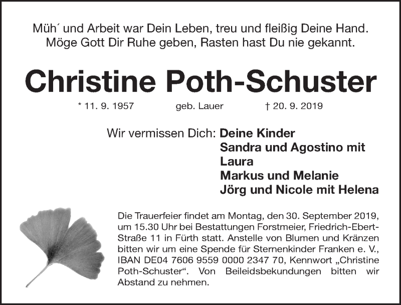  Traueranzeige für Christine Poth-Schuster vom 28.09.2019 aus Fürther Nachrichten Lokal