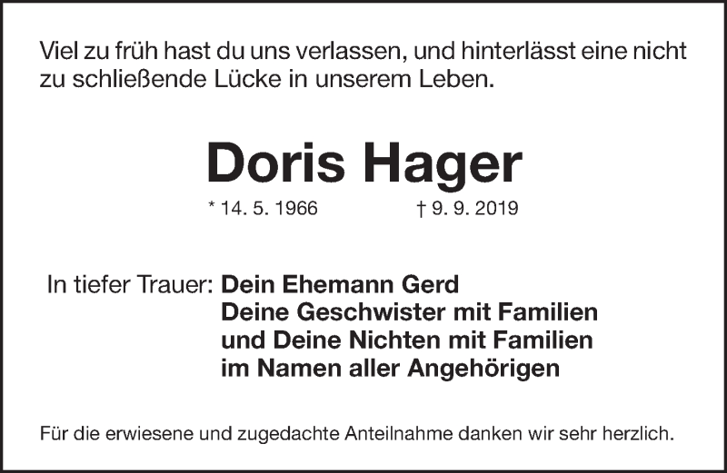  Traueranzeige für Doris Hager vom 27.09.2019 aus Gesamtausgabe Nürnberger Nachrichten/ Nürnberger Ztg.