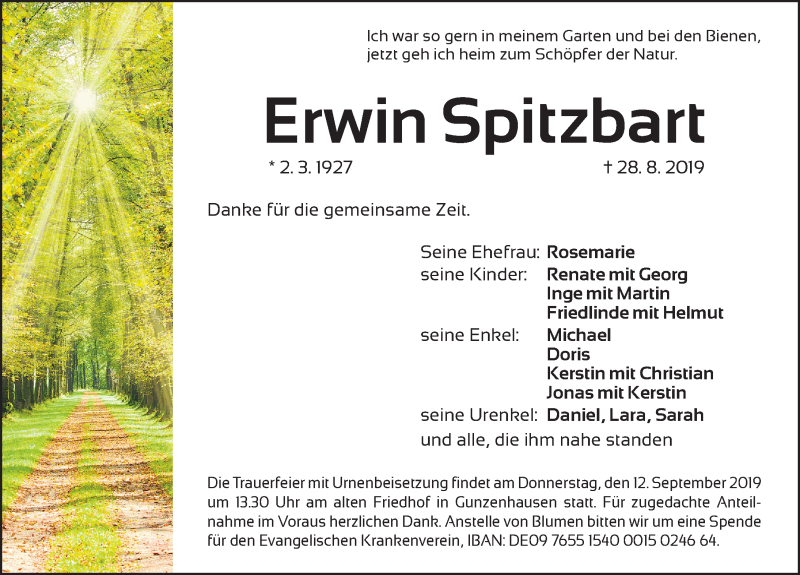  Traueranzeige für Erwin Spitzbart vom 10.09.2019 aus Altmühl-Bote Lokal