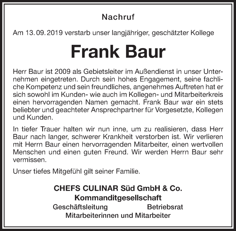  Traueranzeige für Frank Baur vom 21.09.2019 aus Erlanger Nachrichten Lokal