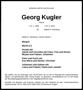 Traueranzeige von Georg Kugler von Gesamtausgabe Nürnberger Nachrichten/ Nürnberger Ztg.