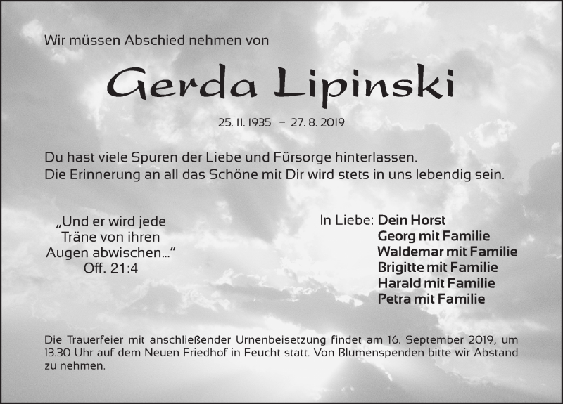 Traueranzeige für Gerda Lipinski vom 11.09.2019 aus Gesamtausgabe Nürnberger Nachrichten/ Nürnberger Ztg.