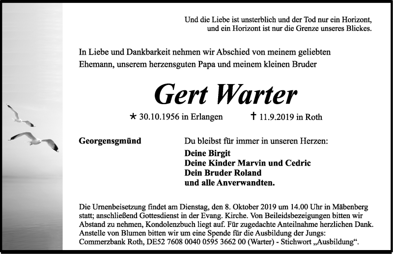  Traueranzeige für Gert Warter vom 21.09.2019 aus Roth-Hilpoltsteiner Volkszeitung Lokal