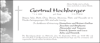Traueranzeige von Gertrud Hochberger von Gesamtausgabe Nürnberger Nachrichten/ Nürnberger Ztg.