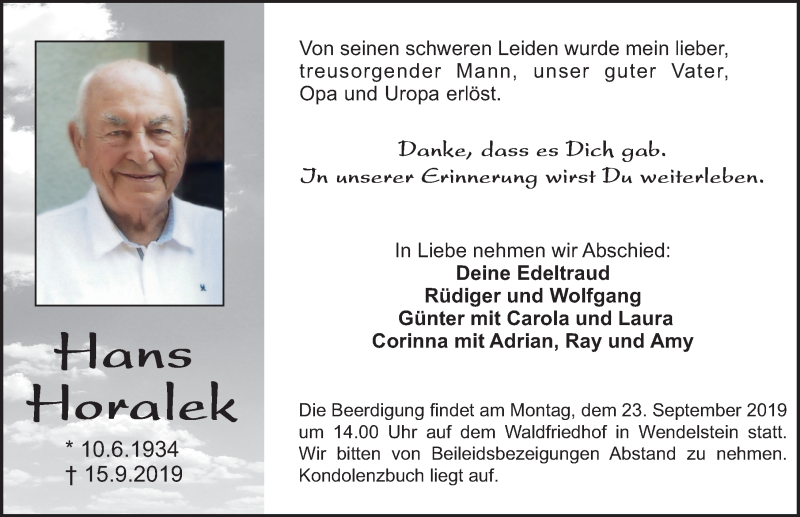  Traueranzeige für Hans Horalek vom 21.09.2019 aus Schwabach