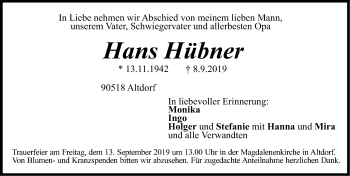 Traueranzeige von Hans Hübner von Gesamtausgabe Nürnberger Nachrichten/ Nürnberger Ztg.