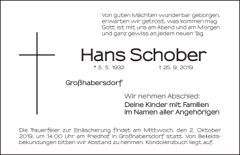 Traueranzeigen von Hans Schober | trauer.nn.de