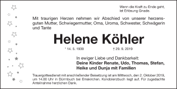 Traueranzeige von Helene Köhler von Gesamtausgabe Nürnberger Nachrichten/ Nürnberger Ztg.