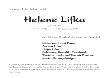 Traueranzeige von Helene Lifka von Roth-Hilpoltsteiner Volkszeitung Lokal