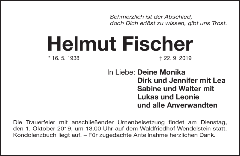  Traueranzeige für Helmut Fischer vom 26.09.2019 aus Gesamtausgabe Nürnberger Nachrichten/ Nürnberger Ztg.