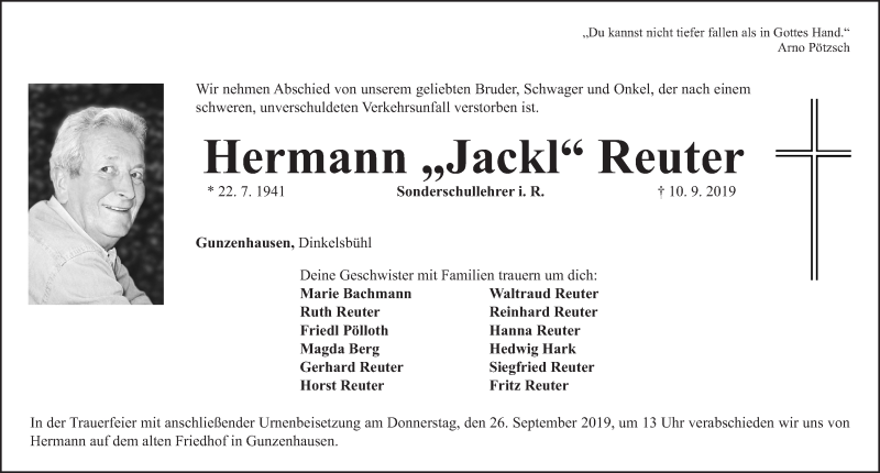  Traueranzeige für Hermann Reuter vom 21.09.2019 aus Altmühl-Bote Lokal