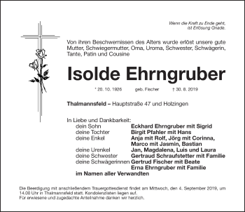 Traueranzeige von Isolde Ehrngruber von Roth-Hilpoltsteiner Volkszeitung Lokal