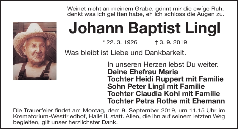  Traueranzeige für Johann Baptist Lingl vom 05.09.2019 aus Gesamtausgabe Nürnberger Nachrichten/ Nürnberger Ztg.