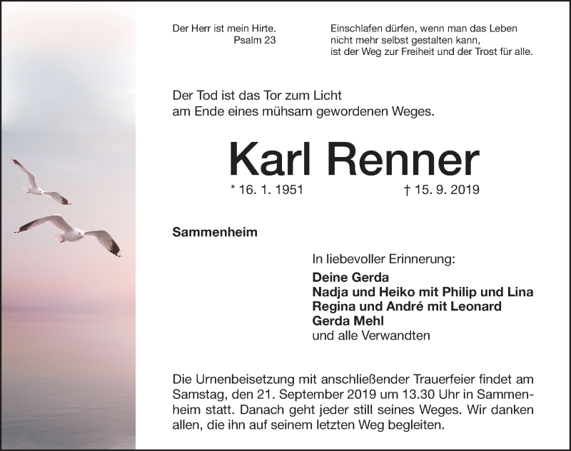  Traueranzeige für Karl Renner vom 19.09.2019 aus Altmühl-Bote Lokal