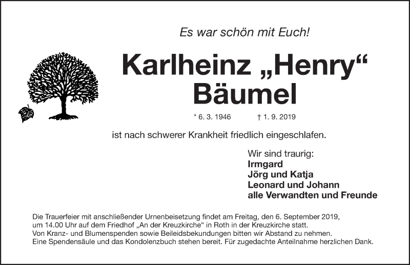  Traueranzeige für Karlheinz Bäumel vom 04.09.2019 aus Roth-Hilpoltsteiner Volkszeitung Lokal