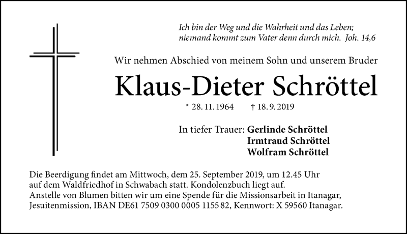  Traueranzeige für Klaus-Dieter Schröttel vom 23.09.2019 aus Schwabach