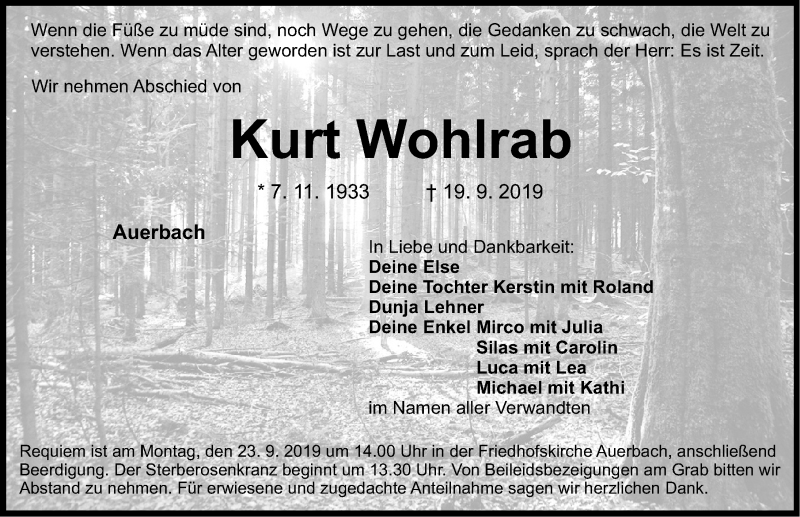  Traueranzeige für Kurt Wohlrah vom 21.09.2019 aus Nordbayerische Nachrichten Pegnitz Lokal
