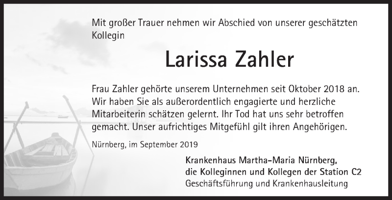  Traueranzeige für Larissa Zahler vom 28.09.2019 aus Gesamtausgabe Nürnberger Nachrichten/ Nürnberger Ztg.