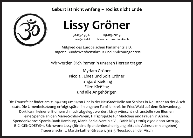  Traueranzeige für Lissy Gröner vom 14.09.2019 aus Gesamtausgabe Nürnberger Nachrichten/ Nürnberger Ztg.