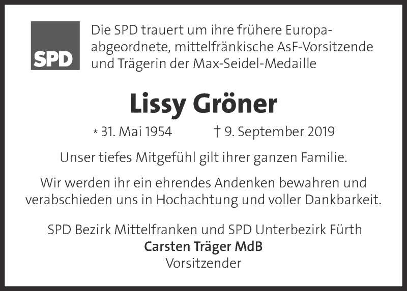  Traueranzeige für Lissy Gröner vom 14.09.2019 aus Gesamtausgabe Nürnberger Nachrichten/ Nürnberger Ztg.
