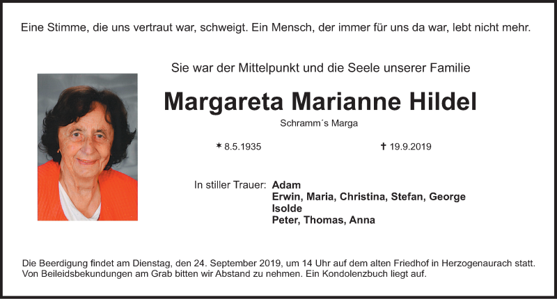  Traueranzeige für Margareta Marianne Hilde vom 21.09.2019 aus Nordbayerische Nachrichten Herzogenaurach Lokal