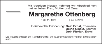 Traueranzeige von Margarethe Ottenberg von Gesamtausgabe Nürnberger Nachrichten/ Nürnberger Ztg.