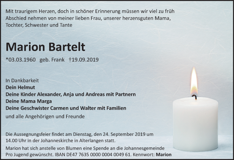  Traueranzeige für Marion Bartelt vom 21.09.2019 aus Erlanger Nachrichten Lokal