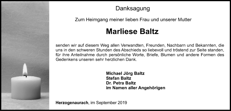  Traueranzeige für Marliese Baltz vom 20.09.2019 aus Nordbayerische Nachrichten Herzogenaurach Lokal