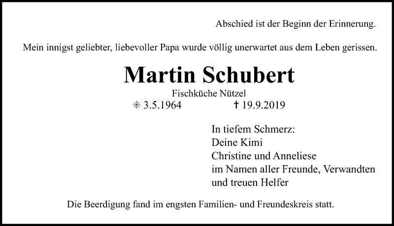  Traueranzeige für Martin Schubert vom 28.09.2019 aus Erlanger Nachrichten Lokal