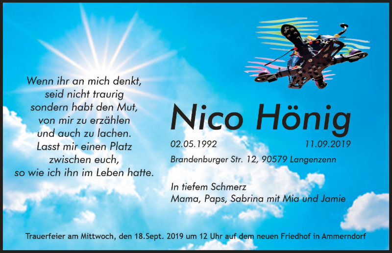  Traueranzeige für Nico Hönig vom 14.09.2019 aus Fürther Nachrichten Lokal