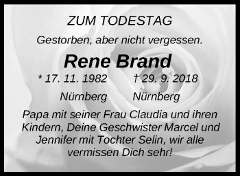 Traueranzeige von René Brand von Gesamtausgabe Nürnberger Nachrichten/ Nürnberger Ztg.