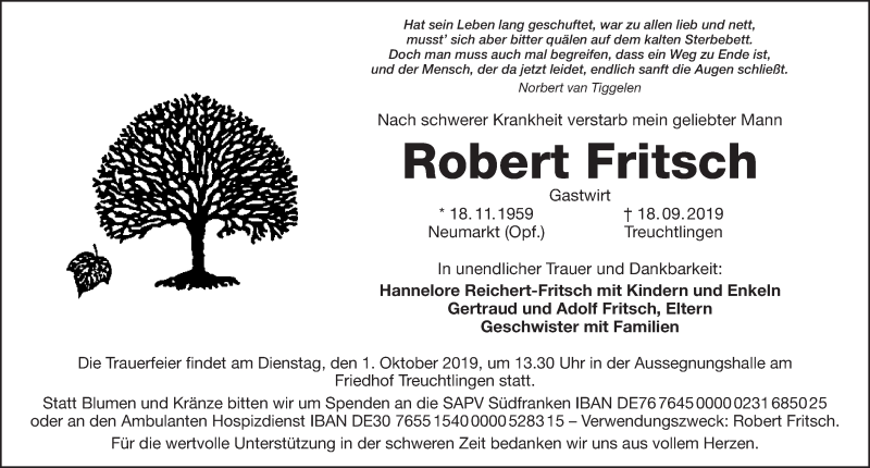  Traueranzeige für Robert Fritsch vom 28.09.2019 aus Neumarkter Nachrichten Lokal