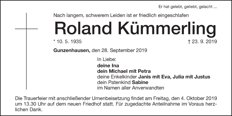  Traueranzeige für Roland Kümmerling vom 28.09.2019 aus Altmühl-Bote Lokal