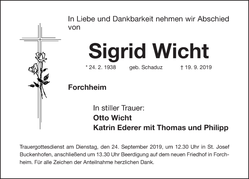  Traueranzeige für Sigrid Wicht vom 21.09.2019 aus Nordbayerische Nachrichten Forchheim Lokal