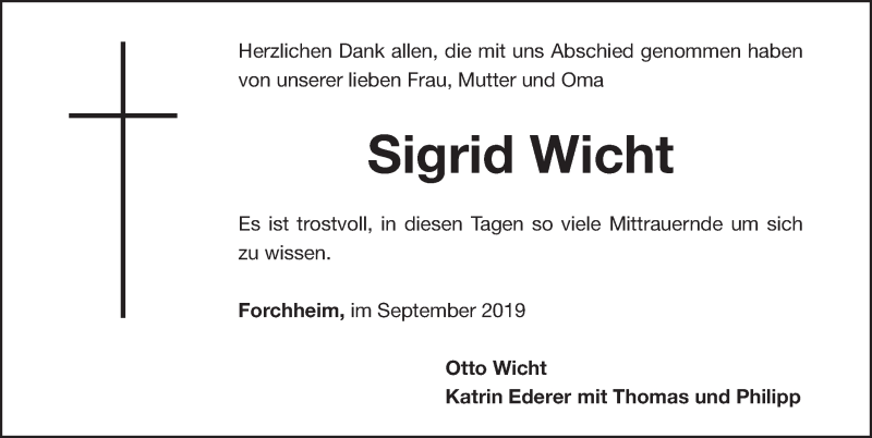  Traueranzeige für Sigrid Wicht vom 28.09.2019 aus Nordbayerische Nachrichten Forchheim Lokal
